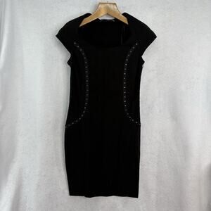 Zara Basics Bodycon Dress Womens Size Large Black Cap Sleeve Stretch Stud Detail